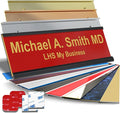 Personalized Name Plate with Choice of Mounting Holders for Walls, Doors, Cubicles, Hanging and More - Custom Red Plastic Gold Letters - USA Made 2x10 - B17