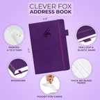 Clever Fox Address Book with alphabetic tabs - PU Leather Telephone and Address Book for Keeping Contacts Safe, Contact Organizer Journal, Medium Size (5.3″ x 7.7″) Hardcover, Purple