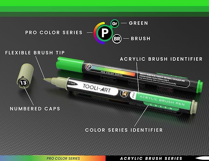 22 Flexible Brush Tip Acrylic Paint Pens Markers Set 1-7mm Line for Rock Painting, Brush Lettering, Glass, Mugs, Wood, Metal, Canvas, Fabric, Plastic. Non Toxic Waterbased Quick Drying Assorted Green