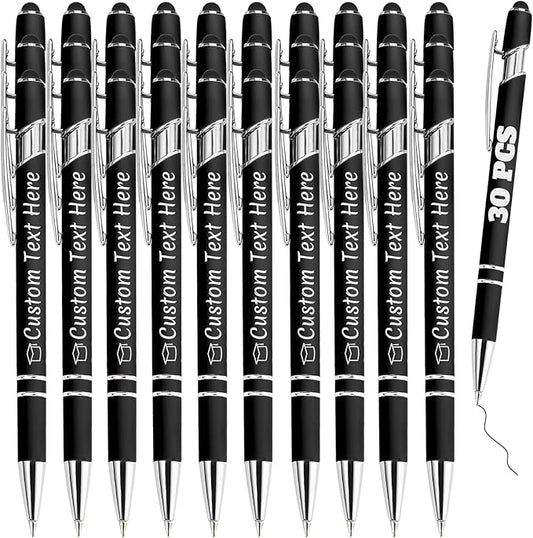 Personalized Pens Bulk 30 with Name Custom Engraving Ballpoint Pens with Stylus Tip Customized Smooth Writing Pens Personalized Gifts for Anniversary Birthday or Graduation(Black,Black Ink)
