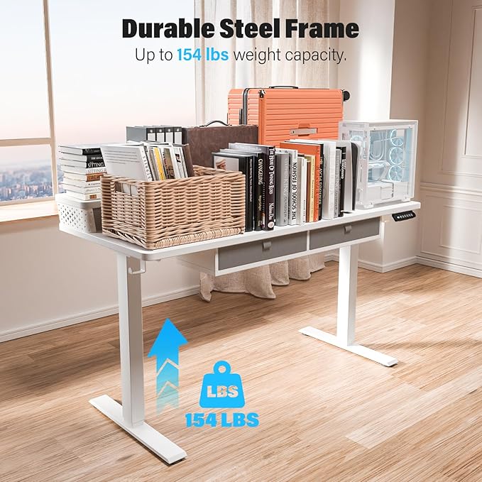 Kingant 55 x 24 Inch Electric Standing Desk with 4 Drawers, Height Adjustable Sit to Stand Computer Desk with Storage Shelf and C-Clamp Mount Compatibility for Home Office, White