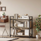 Homeiju 3 Tier Bookshelf 31.49" Width, Wood and Metal Etagere Bookcase, Vintage Farmhouse Modern Wooden Big Book Shelf for Home Living Room Bedroom Office Storage(Light Coffee)