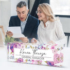 Custom Office Name Plate, Personalized Gifts for Women & Men, Appreciation Gifts for Employees, Boss, Teacher - Office Desk Accessory (Purple Hydrangea Flower)