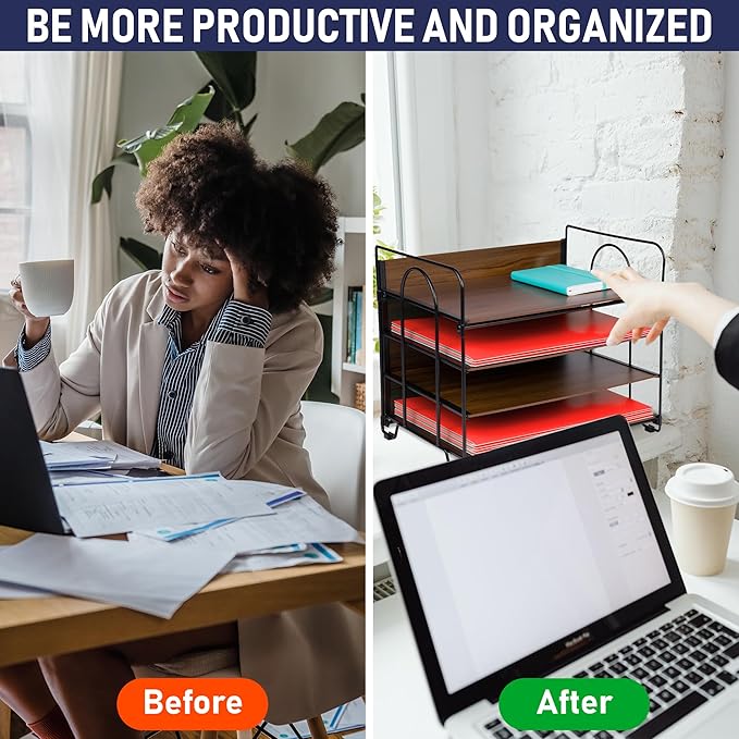 4-Tier Office Organizer, Desk File Organizer with Wood Patterned Shelves, Office Supplies Desktop Organization for Storage of Paper, Bills, Letters, Multi-Functional Desk Organization and Accessories