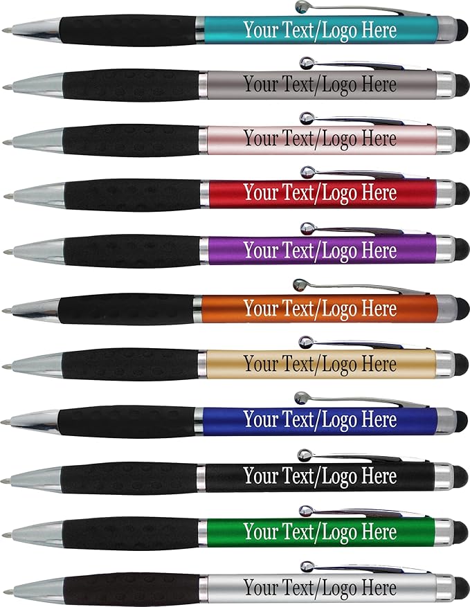 Personalized Pens With your Custom Logo or Text-600 Pack Bulk-for Businesses, Parties, and Events, 2 in 1 Ballpoint Pen & Stylus for Touchscreen Devices, Dark Assorted Barrels, Black Ink
