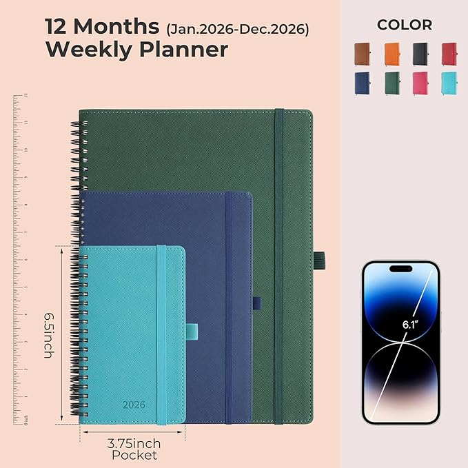 IN-LUXPRO Planner 2026 Daily Weekly and Monthly,6.5"x3.75",12 Months Spiral Bound Calendar Agenda with Self-adhesive Pen Holder,2026 Appointment Book with Vegan Leather Soft Cover,Light Blue