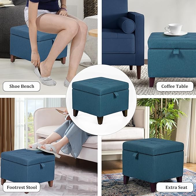 Adeco Square Fabric Storage Ottoman with Tufted Flip Top, 18x18x15