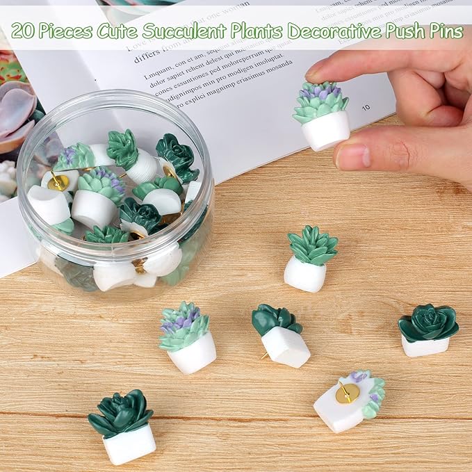 20 Pieces Cute Succulent Plants Decorative Push Pins Colorful Floret Thumbtacks for Photo Wall, Feature Wall, Whiteboard, Cork Board, Map, Bulletin Board, Office or Home (Three Assorted Styles)