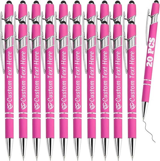 Personalized Pens Bulk 20 with Name Custom Engraving Ballpoint Pens with Stylus Tip Customized Smooth Writing Pens Personalized Gifts for Anniversary Birthday or Graduation(Pink,Black Ink)