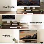 Fenge Dual Monitor Stand for Desk - Long Wooden Riser With Rattan Woven Drawer, 2 Tier Desk Shelf for 2 Monitors, Vintage Computer Stand for Laptop, Printer, TV