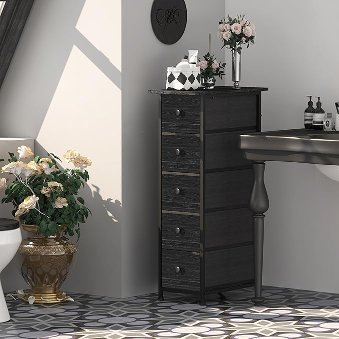 GiftGo Narrow Dresser Vertical Slim Dresser Chest of Drawers Skinny Storage Tower for Small Spaces Gaps Closet Bedroom Bathroom Small Fabric Drawer Unit (Charcoal Black, 5 Drawers)