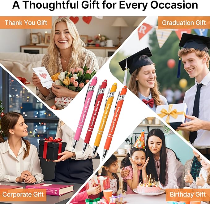 Custom Pens Personalized in Bulk – Engraved with Name, Text on Both Sides – Multiple Colors – Black Ink Ballpoint Pens with Stylus – Great for Business, Events, Parties, Marketing, Gifts