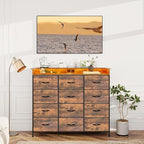Welfuturer Dresser for Bedroom with 12 Drawers Clothes Dresser with Charging Station and LED Light Fabric Storage Tower for Living Room Hallway Closet Sturdy Steel Frame Wooden Top Rustic Brown
