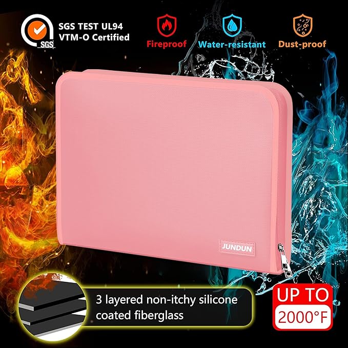 JUNDUN Accordion File Organizer - 12 Pocket Expanding File Folder with Zipper & Labels - Fireproof File Folder Organizer with Multi-Pockets,Document Organizer for Letter A4 Files and More (Pink)