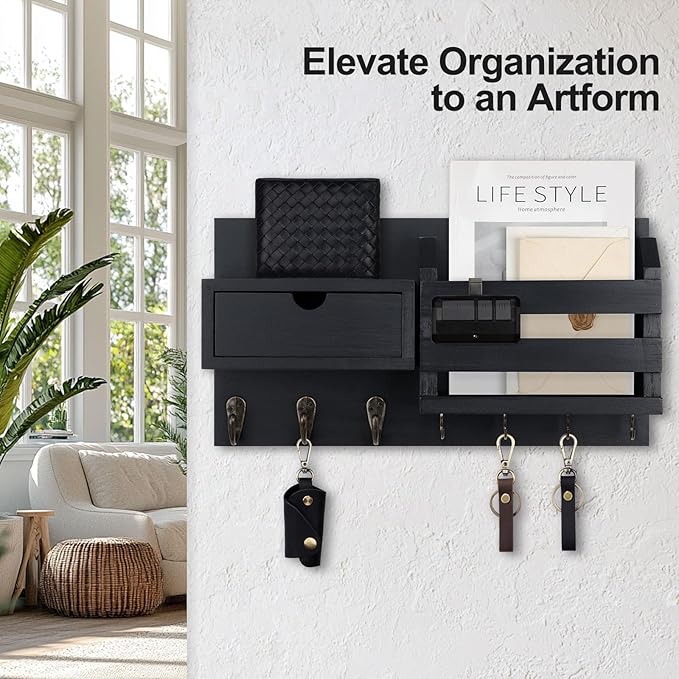 Lwenki Wall Mount Key Holder with Mail Organizer, 100% Paulownia Wood, 7 Metal Hooks, Storage Drawer, Entryway Home Decor (Black)