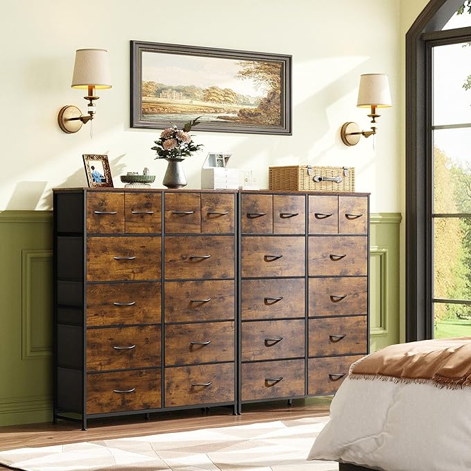 WLIVE Tall Dresser for Bedroom with 12 Drawers, Dressers & Chests of Drawers, Fabric Dressers for Closet, Storage Dresser Organizer with Steel Frame, Wood Top, Rustic Brown Wood Grain Print