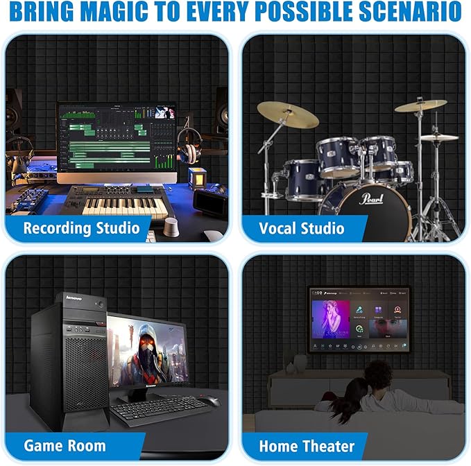 2 Pack Acoustic Panels, 48 x 24 x 2" Sound Proof Foam High Density Studio Wedge Tiles Fire Resistant Acoustic Panels for Home,Office, Recording Room, Studio (Black-2 Pack)