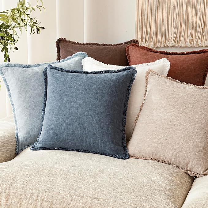Foindtower Set of 2 Decorative Linen Fringe Lumbar Throw Pillow Covers Boho Farmhouse Cushion Cover with Tassels Soft Accent Pillowcase for Couch Sofa Bed Living Room Home Decor,12×24 Inch,Sky Blue