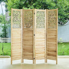 Svimi Folding Room Divider, 66.9 Inch 4 Panels Wood Carved Privacy Screens, Free Assembled Freestanding Portable Separation Wall for Home Office Bedroom (Natural)