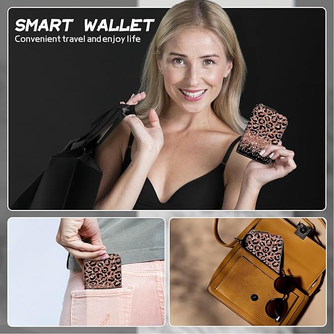 BWEGRHE Cute Credit Card Holder with Zipper, Leopard Glitter RFID-Blocking Card Case Small Wallet for Women Men, Multi-slot Card Organizer Case Travel Accordion Wallet