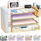 OPNICE Desk Organizer, 4-Tier Desktop File Organizer with Drawer and 2 Pen Holders, Office Desk Accessories, File Sorters, Workspace Organizers for Office Supplies(Gold)