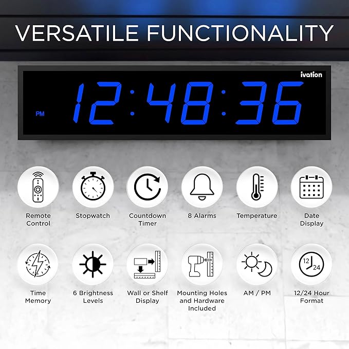 Ivation Huge Oversized 48" Large Digital LED Clock | Big Digital Clock w/Multi-Function Display – Stopwatch, Timer, Alarms, Temp & Date | 6 Brightness Levels, Time Memory & Remote (Blue)