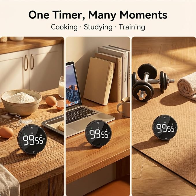 Rechargeable Magnetic Kitchen Timer, LED Countdown/Count-Up Timer, Supports USB-C Charging, with Loud Alarm, 3 Preset Quick Times (5/15/25m), Perfect for Kitchen Cooking, Studying, and Fitness