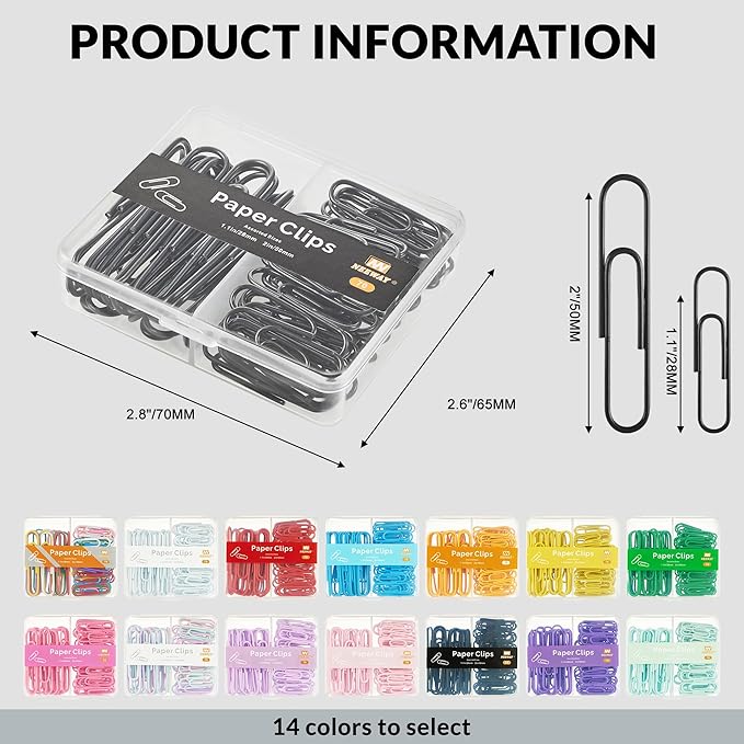 NEEWAY Colorful Paper Clips Assorted Sizes, Small and Large Paperclips, 210 Count, 3 Pack of 70 (Black)