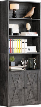 IRONCK Industrial Bookshelves and Bookcases with Doors Floor Standing 6 Shelf Display Storage Shelves 70 in Tall Bookcase for Home Office, Living Room