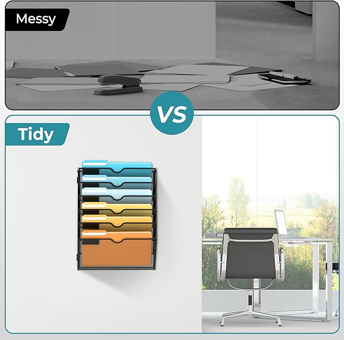 SUPEASY Wall File Organizer Mesh Office Mail Holder, Hanging Wall Organizer Magazine Rack for Office Black, 6 Tier, 2Pack