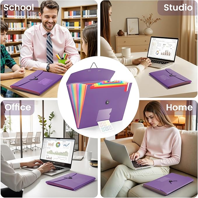 13 Pocket Accordion File Organizer with Elastic Closure, Expanding File Folder for Letter Size A4 Papers, Ideal for Home, Office Supplies, College Essentials - Purple
