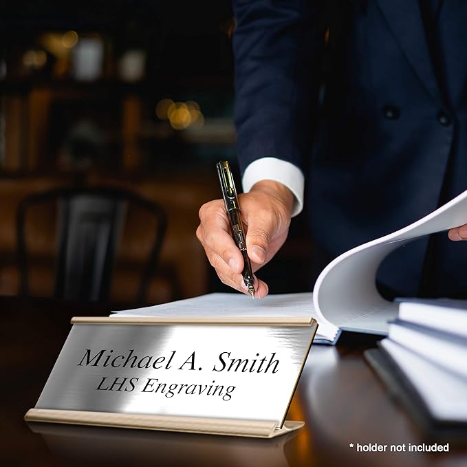 Custom Name Plate with Choice of Mounting for Walls, Doors, Desk Holders, Cubicles, Hanging and More - Personalized Brushed Silver Plastic Black Letters - USA Made 2x8 - M1