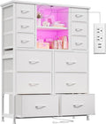 EnHomee Dresser for Bedroom with Drawers, Charging Station & LED Light, Large White Dresser for Hallway, Living Room, Entryway, Wooden Top, Metal Frame, 50.6" H x 37.8" W x 11.8" D