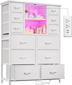 EnHomee Dresser for Bedroom with Drawers, Charging Station & LED Light, Large White Dresser for Hallway, Living Room, Entryway, Wooden Top, Metal Frame, 50.6" H x 37.8" W x 11.8" D
