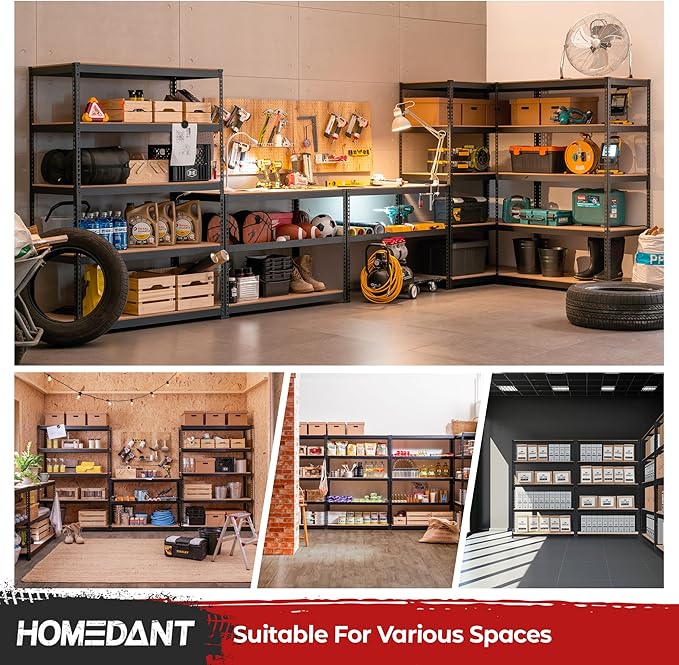 HOMEDANT 5 Tier Storage Shelves Adjustable Laminated Boltless Garage Metal Shelving Unit Heavy Duty Utility Rack Shelf Warehouse Pantry Closet Kitchen (2, (XL Deep) 48.1" W, Black)
