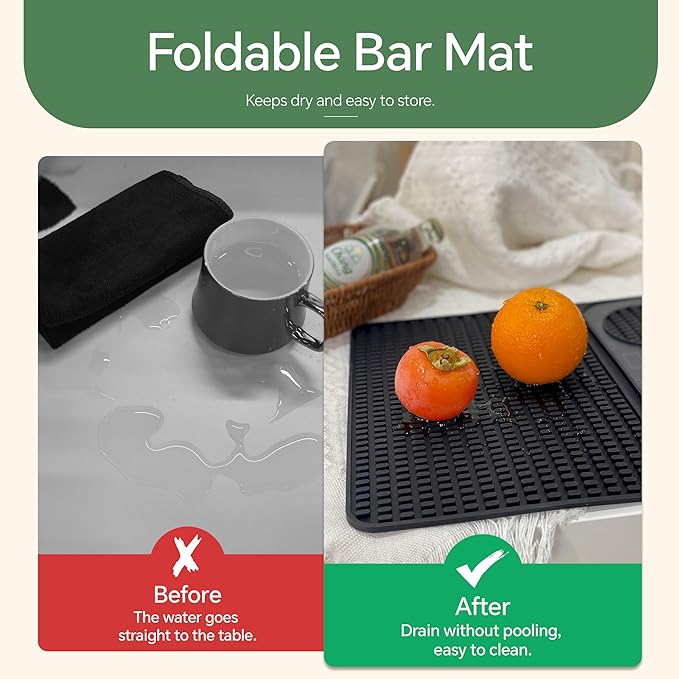Bar Mat, Bar Accessories, Multifunctional Folding Cocktail Mat with Cutting Board, 18" X 12"(Black) Drying Mats,Bar Mat for Countertop,Bar Decorations for Home, Outdoor Bar Accessories,Travel