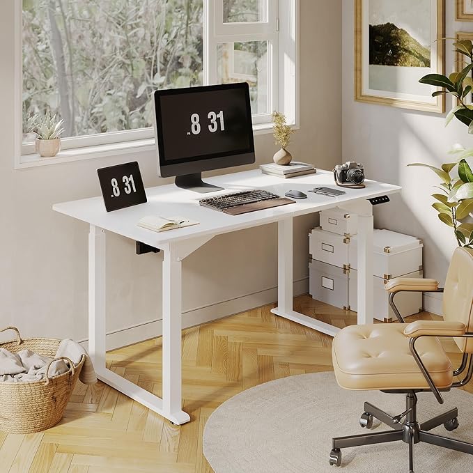 SANODESK 4-Leg Standing Desk, Electric Height Adjustable Desk with Memory Presets for Home Office, Stand up Desk Computer Workstation, 55x28 Inches White