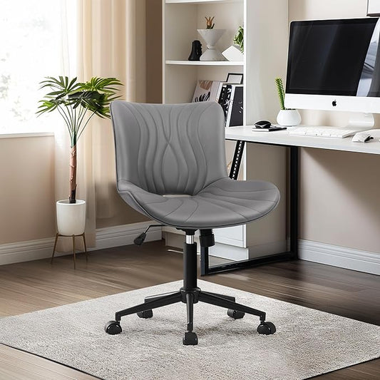 Office Chair, Armless Desk Chair with Wheels, Ergonomic Comfy Home Office Computer Task Chairs, Faux Leather Padded Cute Vanity Chair, Adjustable Height Swivel Chair with Back,Gray