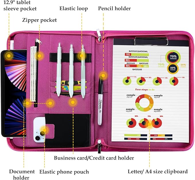 ProCase Portfolio Business Padfolio Folder with Zipper, Conference Meeting Executive File Legal Document Organizer with Pockets Letter Size A4 Writing Pad Notepad Padfolio -Magenta