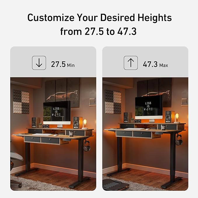 FEZIBO 60'' x 30'' Electric Standing Desk with 4 Storage Drawers, Adjustable Height Computer Table with Monitor Shelf, Stand Up Desk for Study, Gaming, Workstation, Rustic Brown Top