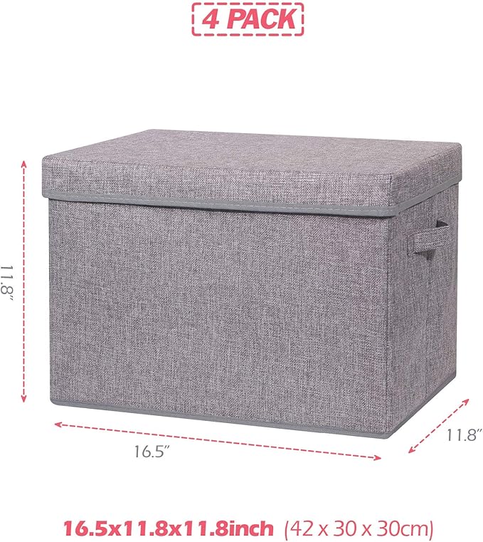 4 Pack Large Foldable Storage Box with Lids Fabric Storage Cube Organizer Cloth Containers Bins Baskets for Closet Clothes Clothing Bed Room