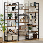 NUMENN Triple Wide 6 Tier Bookshelf, Rustic Industrial Style Bookcases and Bookshelves with 17 Open Display Shelves, Modern Tall Bookcase Furniture for Bedroom, Living Room and Home Office, Vintage