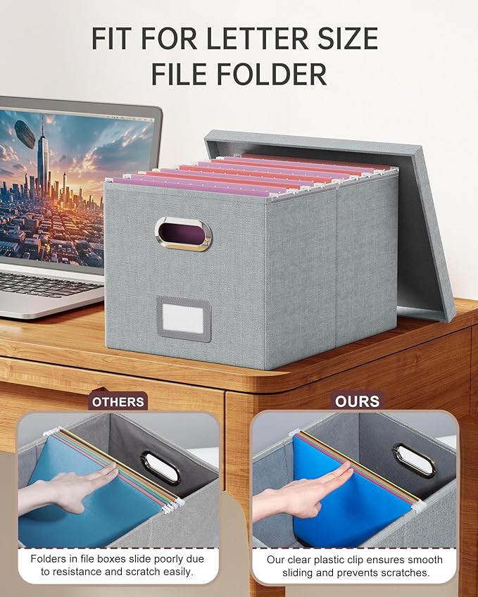 4 Pack File Storage Organizer, Document Organizer, Portable File Box with Lid, Fit for Letter/Legal File Folder Storage,Gray-Box only