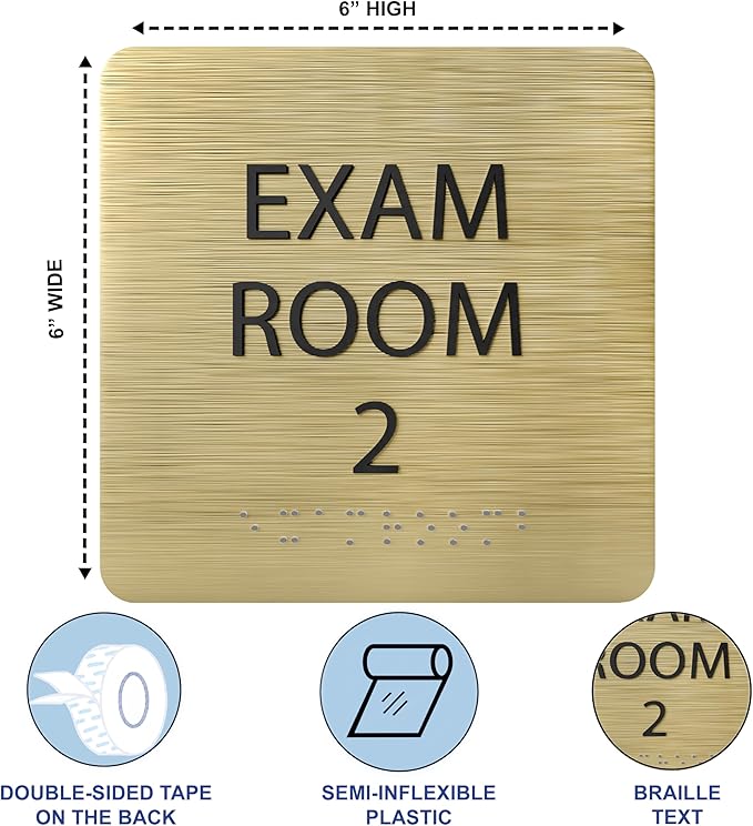 6" X6" Exam Room 2 Sign - ADA Compliant Tactile Graphics Grade 2 Braille Text Acrylic Wall Signs - Educational Institution Directional Assistance Test Center Door Sign for Schools