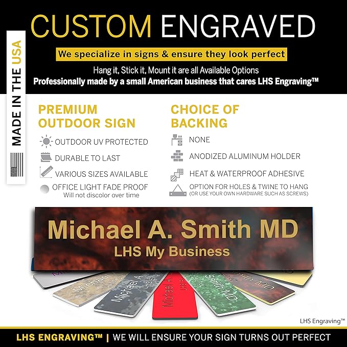 Personalized Name Plate with Choice of Mounting for Walls, Doors, Desk Holders, Cubicles, Hanging and More - Custom Bloss Burlwood Plastic Gold Letters - USA Made 2x8 - N2