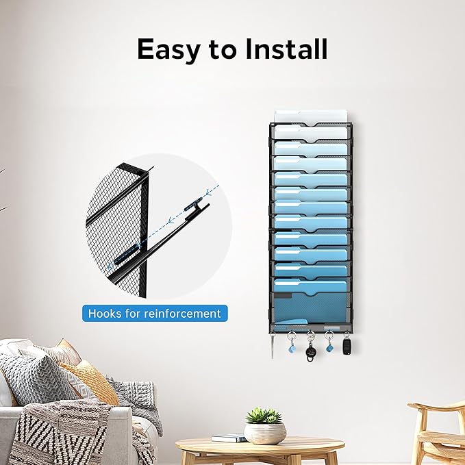 SUPEASY 13-Tier Wall File Holder Organizer with Hooks, Mesh Hanging File Organizer, Mail Organizer Wall Mounted for Papers, Folders, Office Magazine Rack, Assembly Needed, Black 2 pack