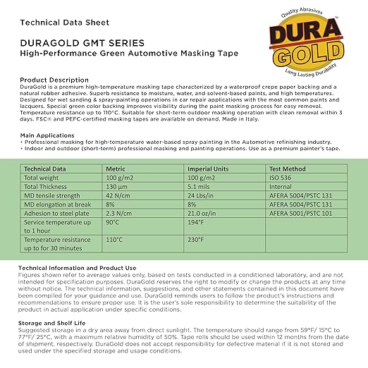 Dura-Gold Green Automotive Masking Tape 2 Inch (1.88 Inch x 55 Yards), Case of 18 Rolls - Premium High-Performance, Heat Resistant - Auto Refinish Painting, Car Detailing, Autobody, Painters Tape