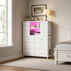EnHomee Dresser for Bedroom with Drawers, Charging Station & LED Light, Large White Dresser for Hallway, Living Room, Entryway, Wooden Top, Metal Frame, 50.6" H x 37.8" W x 11.8" D