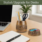 Mie Creations Wooden Desk Organizer Set of 2 Pen Holder, Paper Clip Storage, Office Desktop Table Decor, Floral Rustic Wood Pencil Cup & Paperclips Dispenser, Aesthetic Desk Accessories For Women, Men