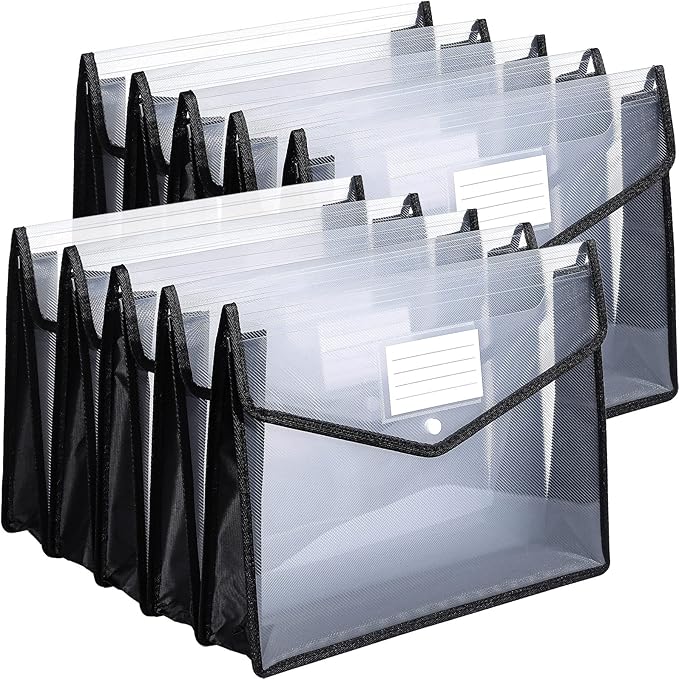 10 Pieces Plastic File Folders Envelope Expanding File Wallet Organizer Documents Folder with Snap Closure and Pocket, A4 Size Waterproof Transparent Pouch(Black,Horizontal)